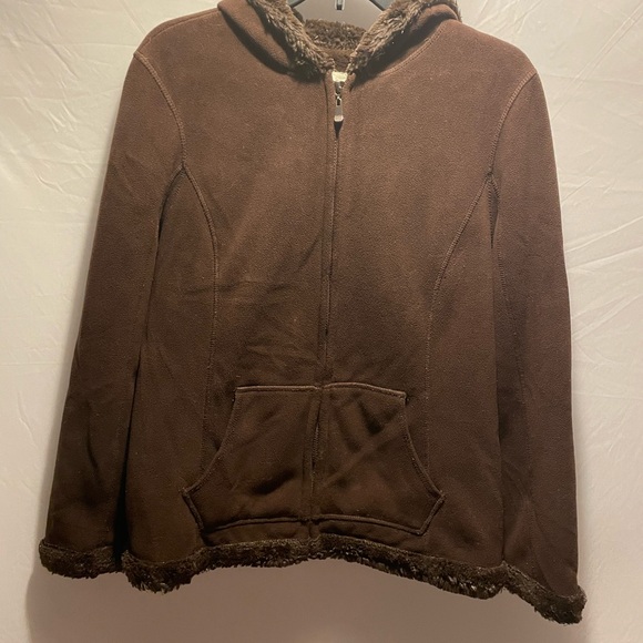 Green Tea Women's Brown Fleece Lined Hooded Zip Up Jacket Size Medium - Picture 2 of 11